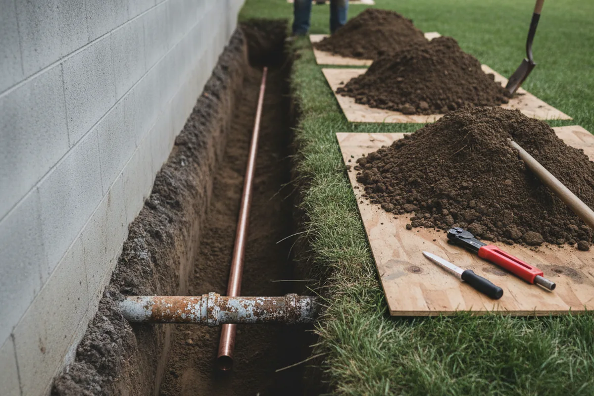 Excavated water line trench during Water Softener Installation in Ruidoso